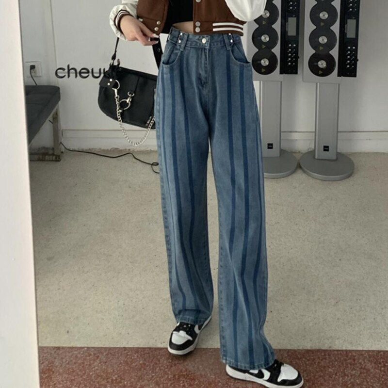 Fashion Stripes Wide Leg Jeans Womens Baggy Vintage Adjustable High Waist Mom Y2K Denim Pants Streetwear Female Bott